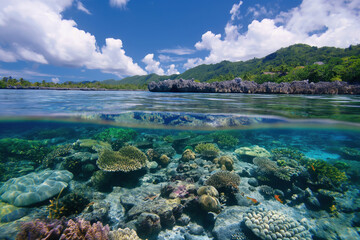 Fototapeta premium Tropical island lagoon with lush green vegetation is showing its beautiful coral reef below the surface