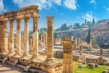 Obraz premium Majestic ruins of an ancient roman city bathed in the golden light of a sunny day, with a modern cityscape in the background