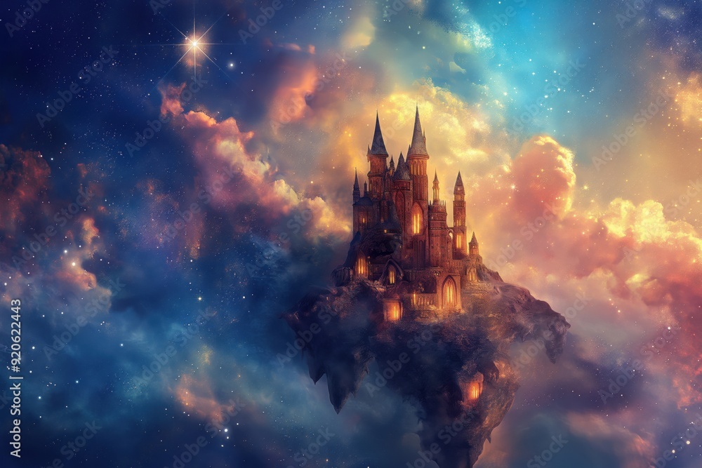 Poster medieval castle standing on a floating rock in a fantasy world with a starry sky and colorful clouds