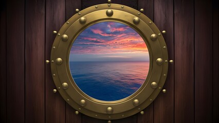 A ship's porthole with a view of a vast ocean under a sunset