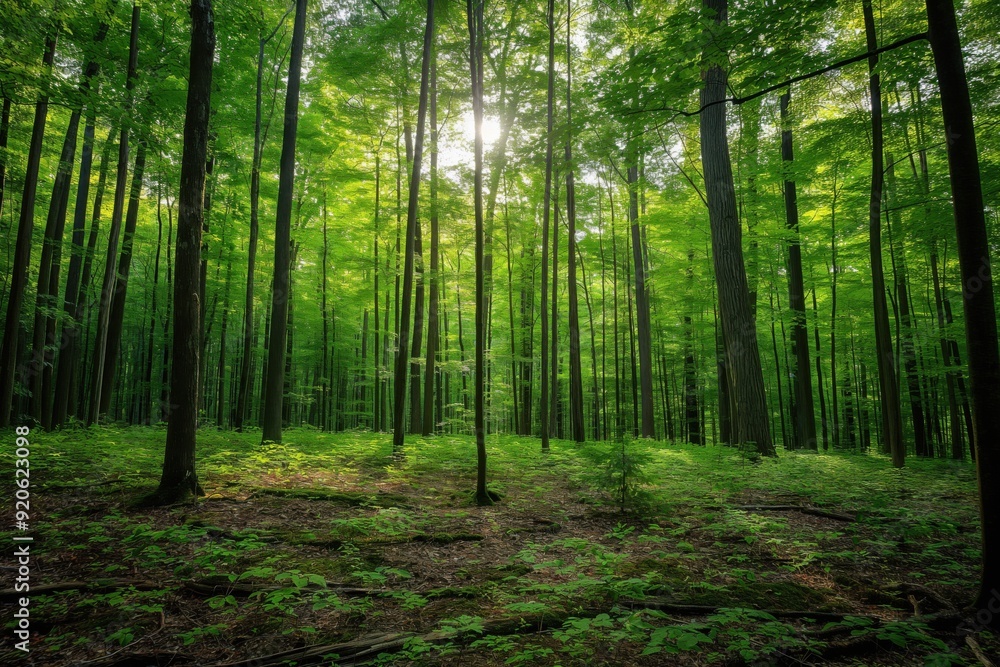 Poster sunlight filters through dense green forest. illuminating tall trees in tranquil landscape with vibr