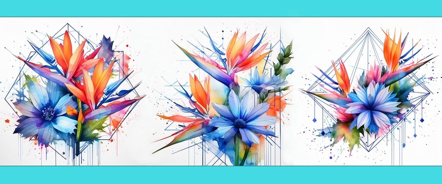 Sch&ouml;ne Blumen Arrangements mit Strelizie und Zichorie Aquarell
