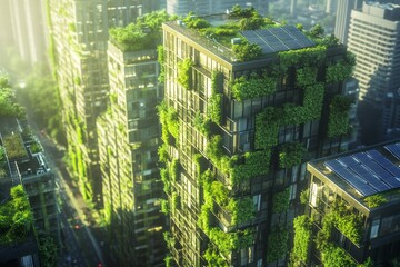 Sustainable cityscape, featuring buildings with green walls and solar-powered lighting, High-resolution, detailed textures, crisp focus