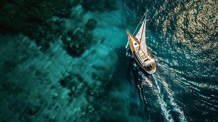 Fototapeta premium Aerial view of a boat sailing across the clear waters