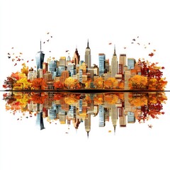 Cityscape Reflection with Autumn Foliage