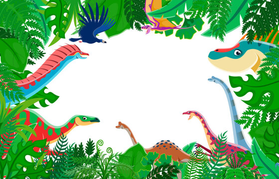 Cartoon prehistoric dinosaurs in jungle forest frame with vector borders of palm tree green leaves and jurassic dino animals. Cute titanosauria, amargasaurus, anchisaurus and argentavis dinosaur frame