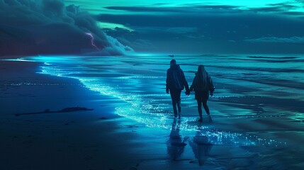 A couple walking along the beach with bioluminescent waves at their feet