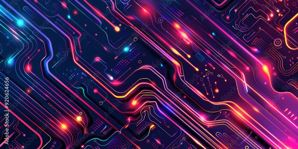 Poster a mesmerizing circuit board design infused with vibrant neon colors and dynamic glowing elements tha