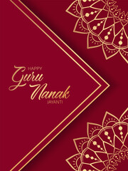 Golden text Happy Guru Nanak Jayanti and floral mandala elements on red background. Festive design for greeting card or poster for celebration of Guru Nanak's birthday.