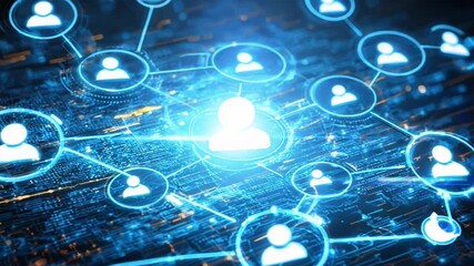 A blue circle with a person in the center surrounded by other people. The circle is a representation of a social network