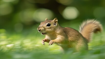 Obraz premium Agile Rodent in Action: Blurred Background of Mammal Running Through Lush Grassland