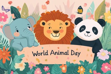 Vibrant illustration shows a lion, elephant, and a cute panda joyfully celebrating World Animal Day