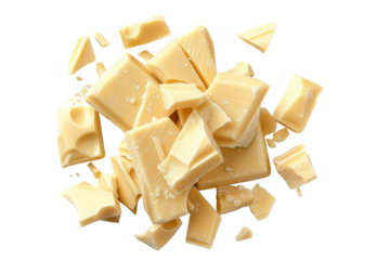 Top view of broken pieces of white chocolate isolated on background, flat lay of sweet milk choc cube.