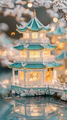 Fototapeta premium pagoda with lights on the lake illustration poster background decorative painting