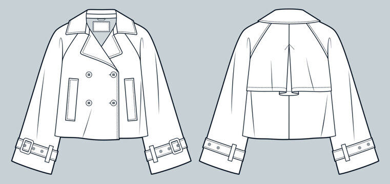 Cropped Trench Coat technical fashion Illustration. Button up Trench Coat fashion technical drawing template, double-breasted, pockets, oversize, front, back view, white, women, men, unisex CAD mockup