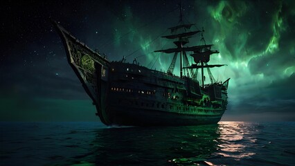 Fototapeta premium A dread-inducing cosmic caravel drifts through the endless void, its silhouette cutting through the infinite darkness like a specter of doom. This image is a breathtaking digital painting. 