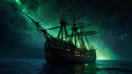Fototapeta premium A dread-inducing cosmic caravel drifts through the endless void, its silhouette cutting through the infinite darkness like a specter of doom. This image is a breathtaking digital painting. 