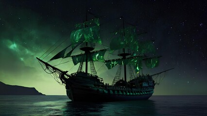 Fototapeta premium A dread-inducing cosmic caravel drifts through the endless void, its silhouette cutting through the infinite darkness like a specter of doom. This image is a breathtaking digital painting. 