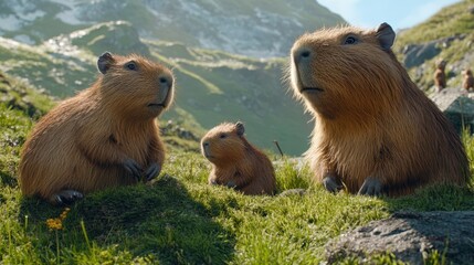 Harmonious Capybara Social Behavior in Meadow: Cinematic Group Interactions