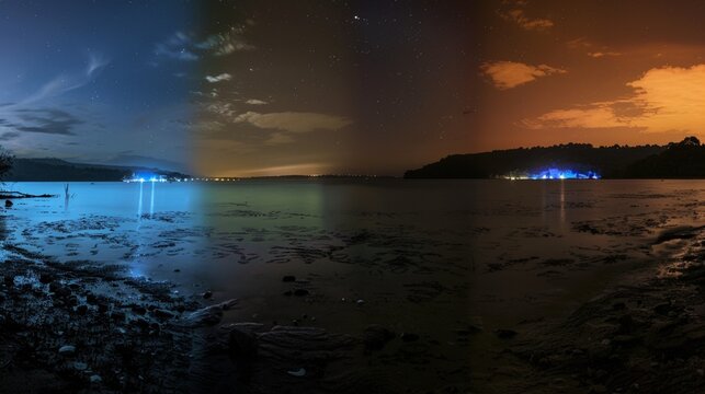 A series of still photos showing the progression of bioluminescence from dusk till dawn