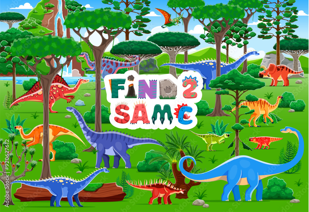 Poster find two same prehistoric dinosaurs in jungle forest, vector game worksheet. kids cartoon puzzle qui