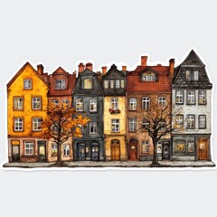Fototapeta premium Watercolor Illustration of a Row of Colorful European Houses with Trees in Autumn