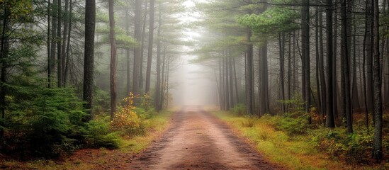 A Misty Forest Path Leading Through Tall Trees