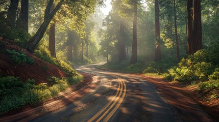 Fototapeta premium Photograph of Foggy Straight Redwood Highway in Northern California, USA.