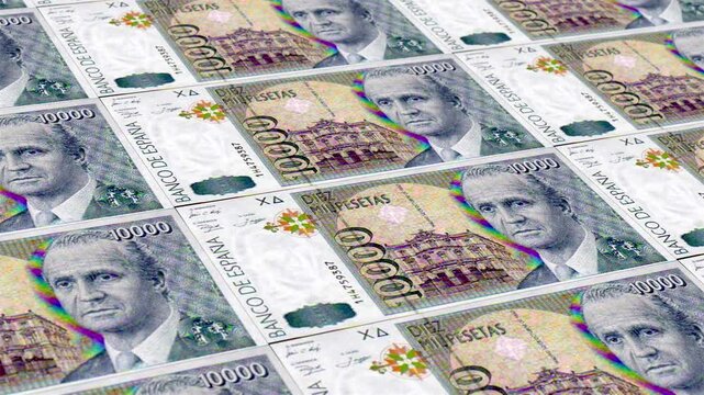 Spain Spanish Peseta 10000 Banknotes Money Printing House, Printing Ten Thousand Spanish Peseta, Printing Press Machine Print out Spanish Peseta, Being printed by currency press machine 10000 Spanish 