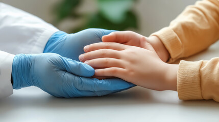 Doctor's hands in gloves shaking child's hand on white background. Child health and protection concept.
