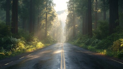 Obraz premium Photograph of Foggy Straight Redwood Highway in Northern California, USA.