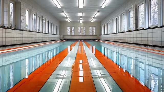 A large indoor swimming pool with orange and white stripes. The pool is empty and the lights are on