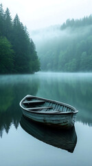 empty boat on a placid lake, with the misty forest 