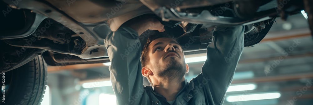 Poster a professional technician inspects the undercarriage of a vehicle to identify and address potential 