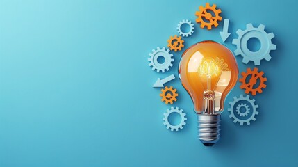 light bulb with arrow and settings icons on a soft blue background, copy space, place for text