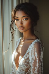 beautiful bride in white dress at a window