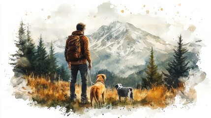 Man with backpack and two dogs standing on a hill, overlooking a mountain landscape, watercolor painting style.