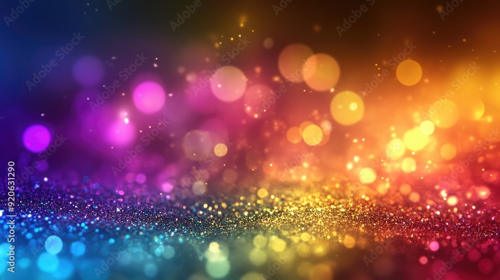 Poster abstract background featuring golden rainbow light and sparkling bokeh, creating a vibrant and magic