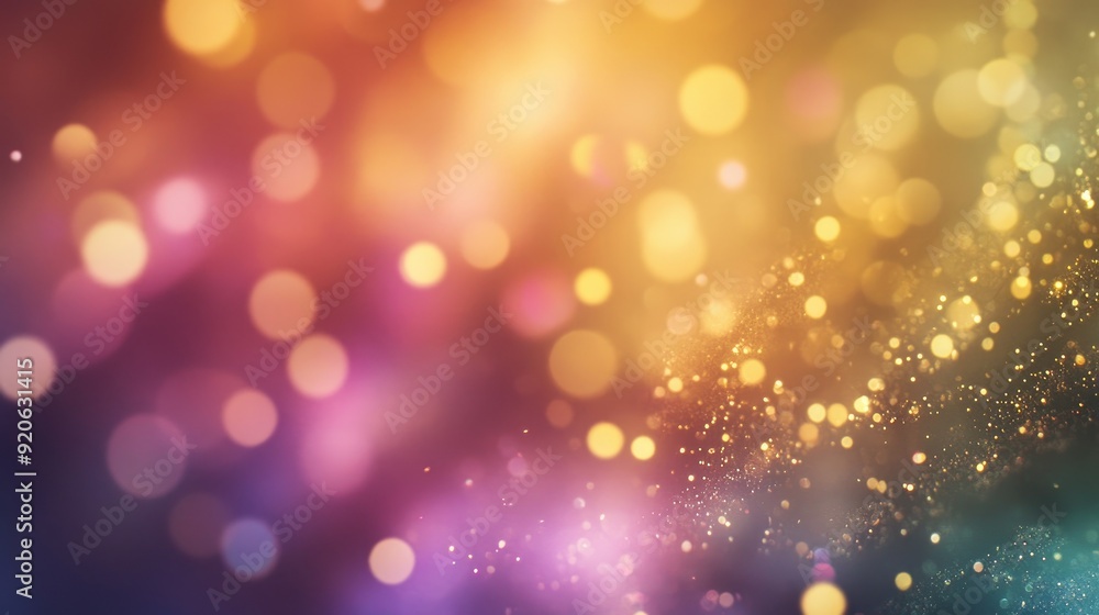 Poster abstract background featuring golden rainbow light and sparkling bokeh, creating a vibrant and magic