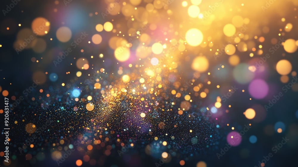 Poster abstract background featuring golden rainbow light and sparkling bokeh, creating a vibrant and magic