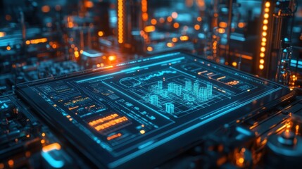A digital interface displaying a 3D city model with glowing data visualizations, representing advanced technology and urban planning concepts.