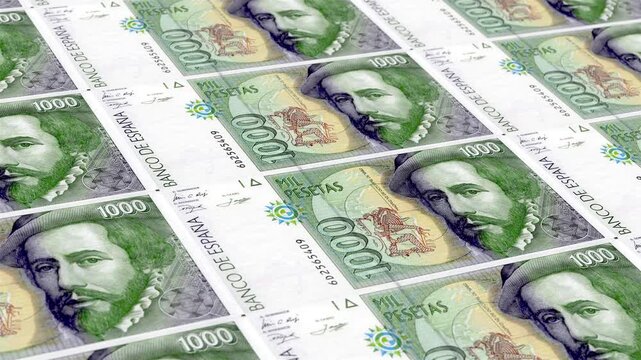 Spain Spanish Peseta 1000 Banknotes Money Printing House, Printing One Thousand Spanish Peseta, Printing Press Machine Print out Spanish Peseta, Being printed by currency press machine 1000 Spanish 