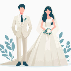 Marriage wedding couple set, cute newlywed bride and groom Flat illustration 