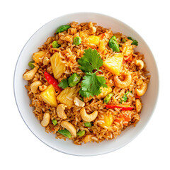 A vibrant plate of fried rice mixed with pineapple, vegetables, and cashews, perfect for a delicious meal. PNG, Transparent, No Background, Thai food