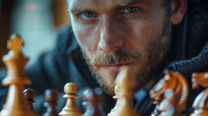 Intense Focused Man Strategizing Chess Move with Wooden Chess Pieces in Foreground