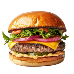 Delicious cheeseburger with fresh toppings, perfect for food enthusiasts and restaurant menus. PNG, Transparent, No Background