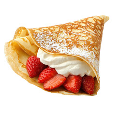 Delicious crepe filled with fresh strawberries and whipped cream, perfect for dessert or breakfast indulgence. PNG, Transparent, No Background