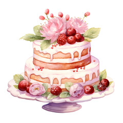 Delightful Watercolor Cake with Romantic Floral Decor on White Background