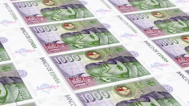 Spain Spanish Peseta 1000 Banknotes Money Printing House, Printing One Thousand Spanish Peseta, Printing Press Machine Print out Spanish Peseta, Being printed by currency press machine 1000 Spanish 