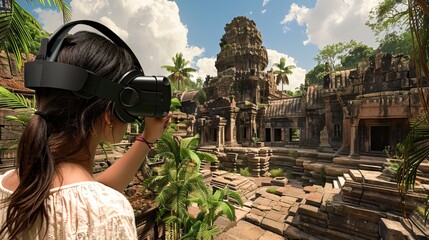 Traveler in virtual reality headset augmented with virtual reality in the concept of a beautiful mountain landscape, mountain trip, VR,reality, virtual. AI generated illustration